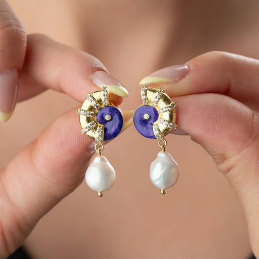 925 Sterling Silver Purple Detail Shell Earrings with Pearl