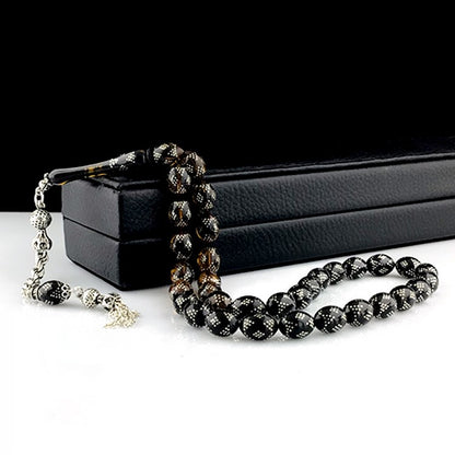 Süzme Renk Gümüş İşlemeli Ateş Kehribar Tesbih