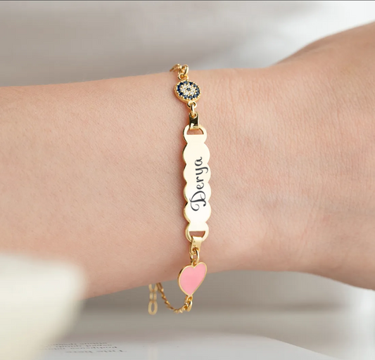 925 Sterling Silver Kids Bracelet with Name Engraving & Heart Charm