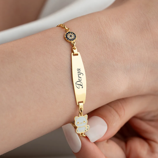  925 Sterling Silver Personalized Kids Bracelet with Cat Charm