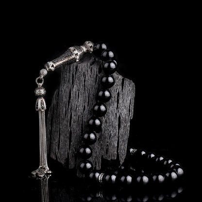 925er Silber Gebetskette – Kugelschliff Schwarzer Zirkonia & Feuerbernstein