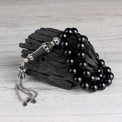 925er Silber Gebetskette – Kugelschliff Schwarzer Zirkonia & Feuerbernstein