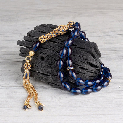 Mavi Renk Ateş Kehribar Tesbih - 925 Ayar Gümüş