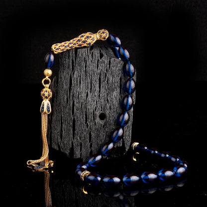 Mavi Renk Ateş Kehribar Tesbih - 925 Ayar Gümüş