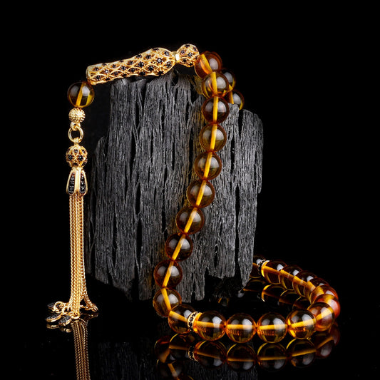 925 Sterling Silver Prayer Beads – Round-Cut Black Zirconia & Fire Amber
