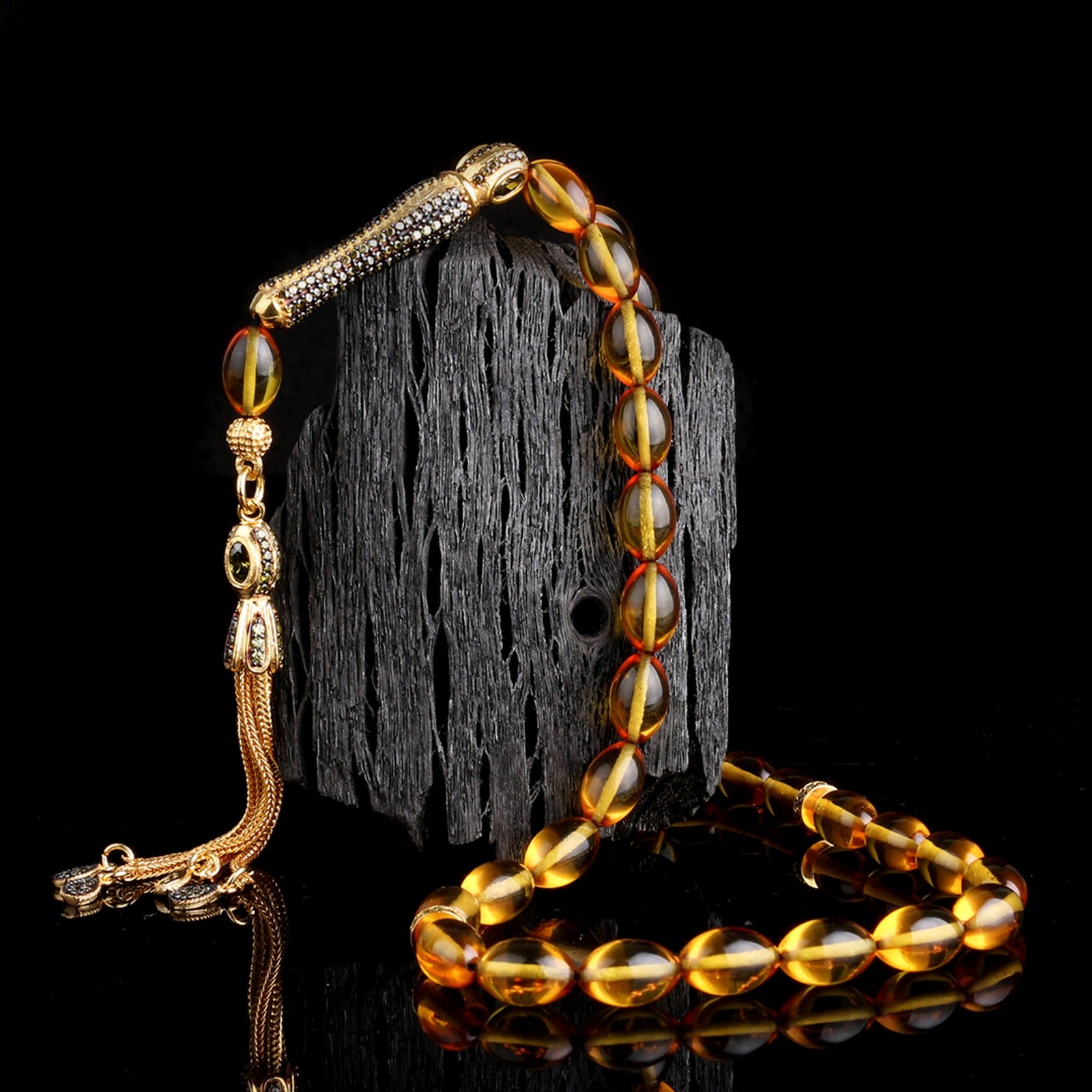 Honey Color Fire Fire Amber Tesbih - 925 Sterling Silver