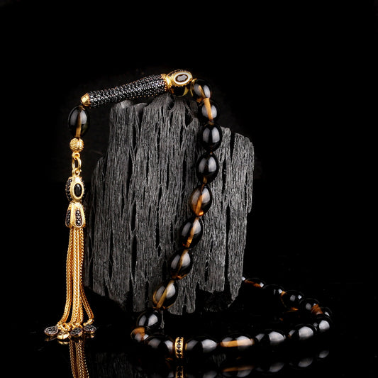 Black & Yellow Fire Amber Prayer Beads - 925 Sterling Silver