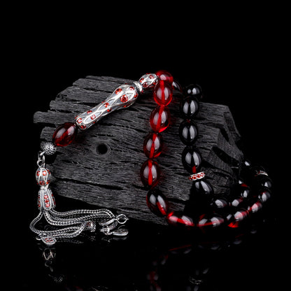 Rosaire de l'ambre de feu de couleur rouge - 925 argent sterling