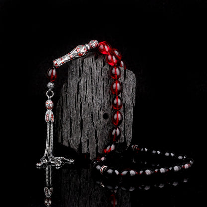 Rosaire de l'ambre de feu de couleur rouge - 925 argent sterling