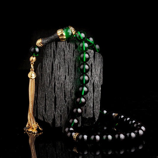 Green & Black Fire Amber Prayer Beads - 925 Sterling Silver