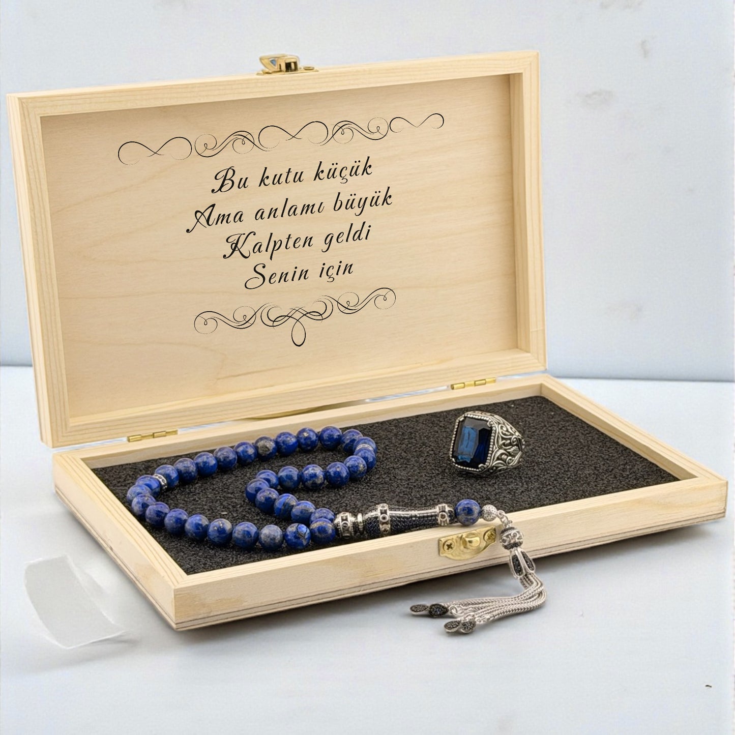 Lapis Taşlı Tesbih & Mavi Zirkon Yüzük Hediye Seti