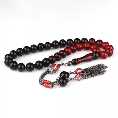 Kırmızı Mineli Gümüş Püsküllü Ateş Kehribar Tesbih