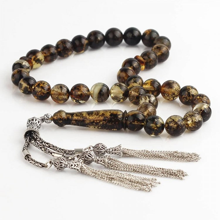 Fossil Natural Drop Amber Prayer Beads – Silver Tassel