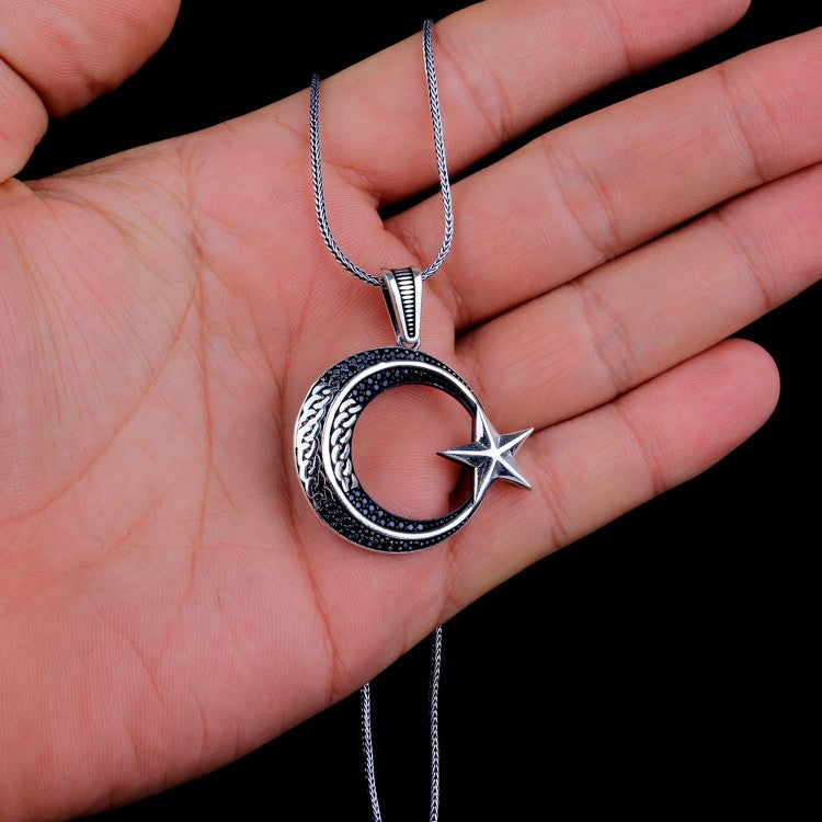Zircon Stone Crescent Star Silver Necklace