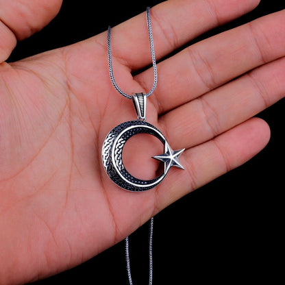 Zirkon Taşlı Ay Yıldız Gümüş Kolye