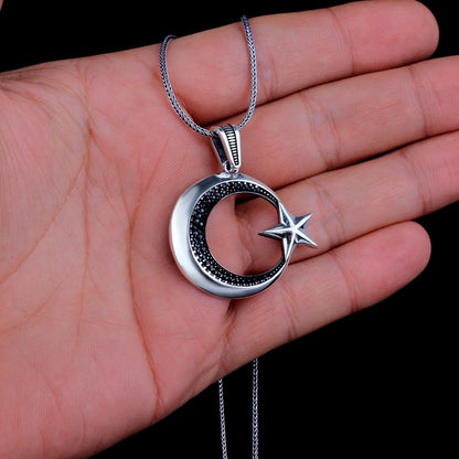 Zirkon Taşlı Ay Yıldız Gümüş Kolye