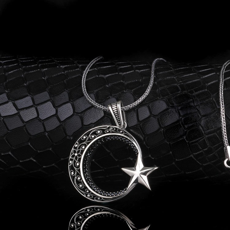 Zirkon Taşlı Ay Yıldız Gümüş Kolye