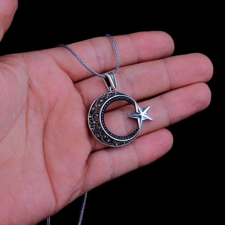 Zirkon Taşlı Ay Yıldız Gümüş Kolye