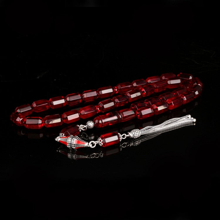 Red Facet Cut Drop Amber Prayer Beads – With Silver Tassels