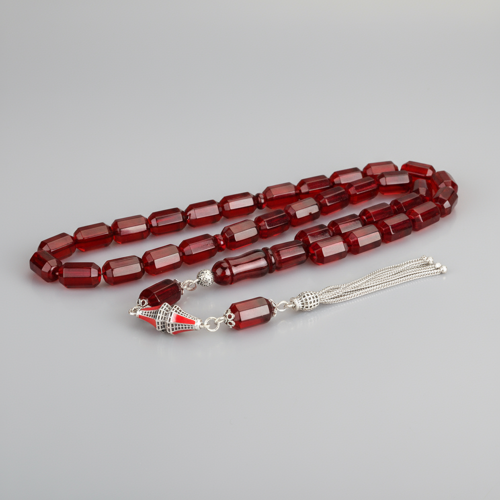 Red Facet Cut Drop Amber Prayer Beads – With Silver Tassels