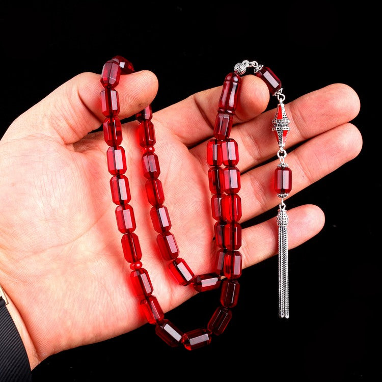 Red Facet Cut Drop Amber Prayer Beads – With Silver Tassels