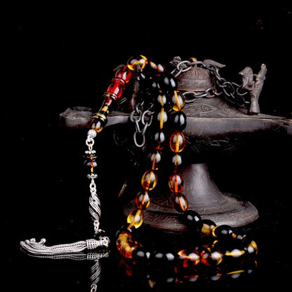 925 Ayar Gümüş Mineli Püsküllü Sarı Siyah Ateş Kehribar Tesbih