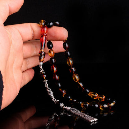 925 Ayar Gümüş Mineli Püsküllü Sarı Siyah Ateş Kehribar Tesbih