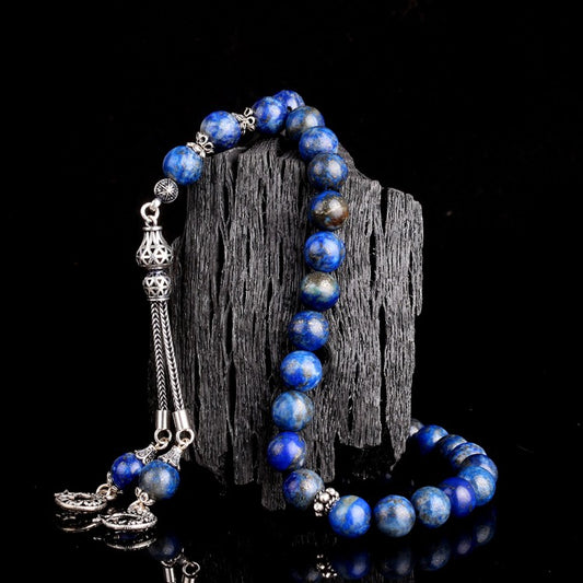 925 Sterling Silver Prayer Beads with Crescent-Star Design and Lapis Lazuli