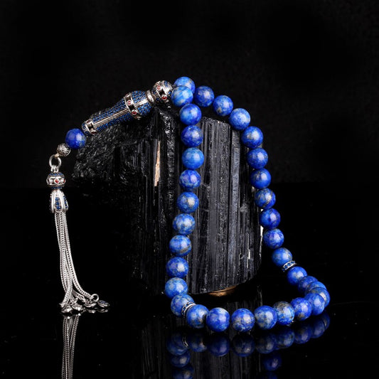 Prayer Beads with Zircon Stones, Silver Tassel, and Genuine Lapis Lazuli