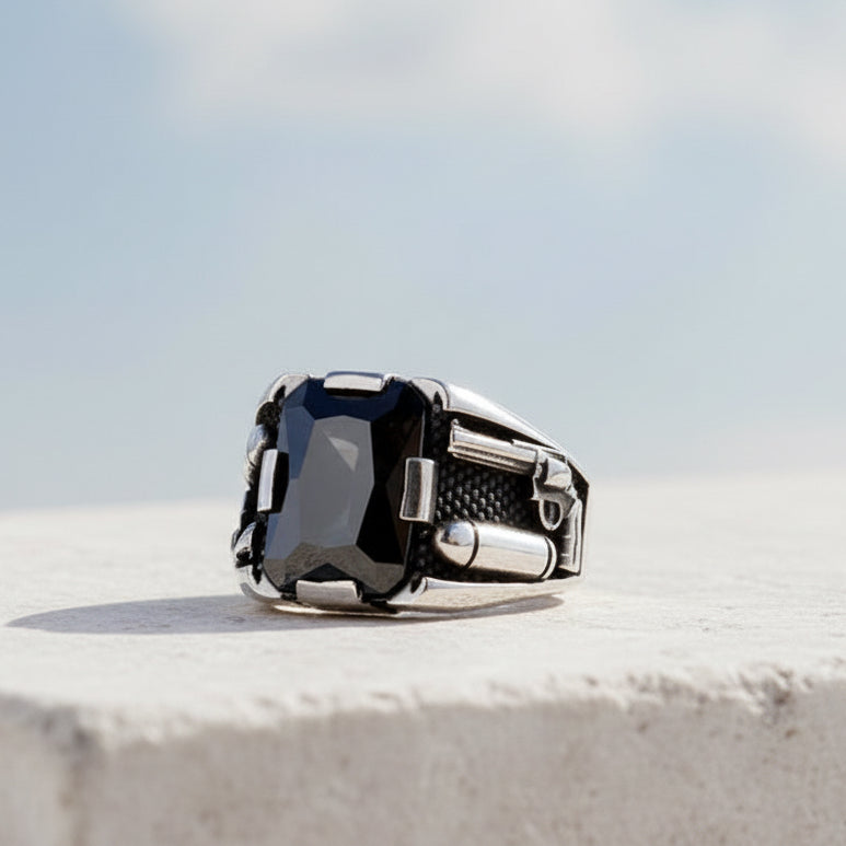 Black Zircon Stone Men's Silver Ring