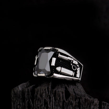 Black Zircon Stone Men's Silver Ring