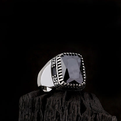 Black Zircon Stone Men's Silver Ring