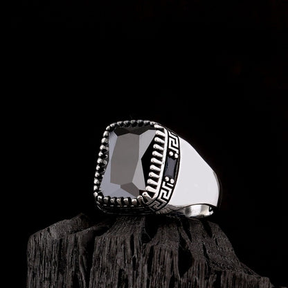 Black Zircon Stone Men's Silver Ring