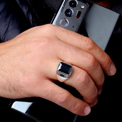 Black Zircon Stone Men's Silver Ring