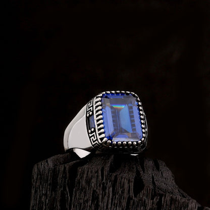 Blue Zircon Stone Men's Silver Ring