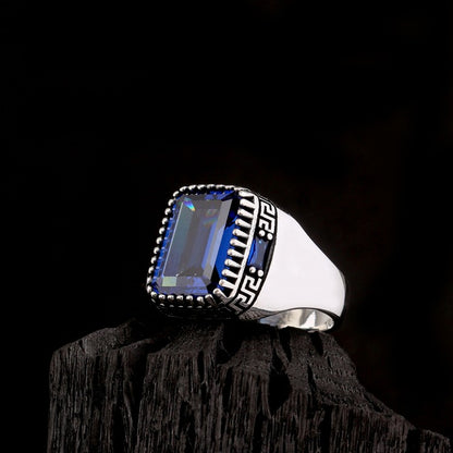 Blue Zircon Stone Men's Silver Ring