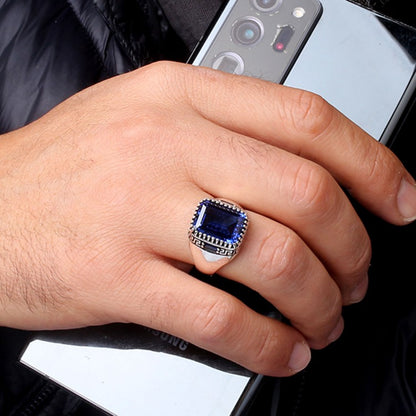 Blue Zircon Stone Men's Silver Ring