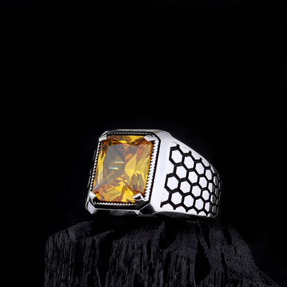 Yellow Zircon Stone Men's Silver Ring