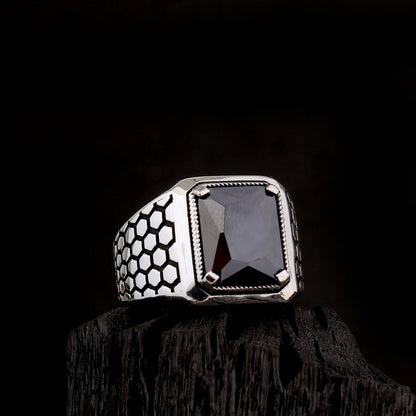 Black Zircon Stone Men's Silver Ring