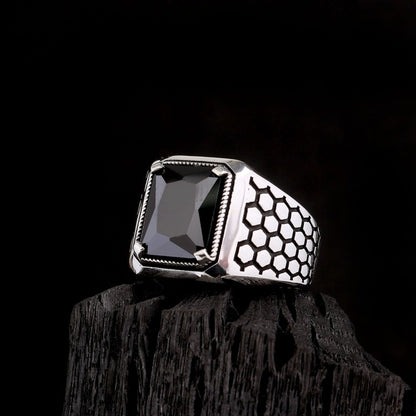 Black Zircon Stone Men's Silver Ring