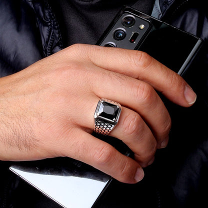 Black Zircon Stone Men's Silver Ring