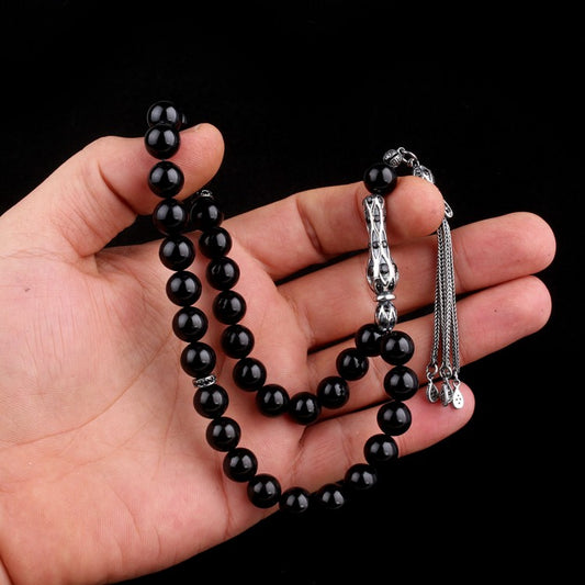 925 Sterling Silver Prayer Beads – Round-Cut Black Zirconia & Fire Amber
