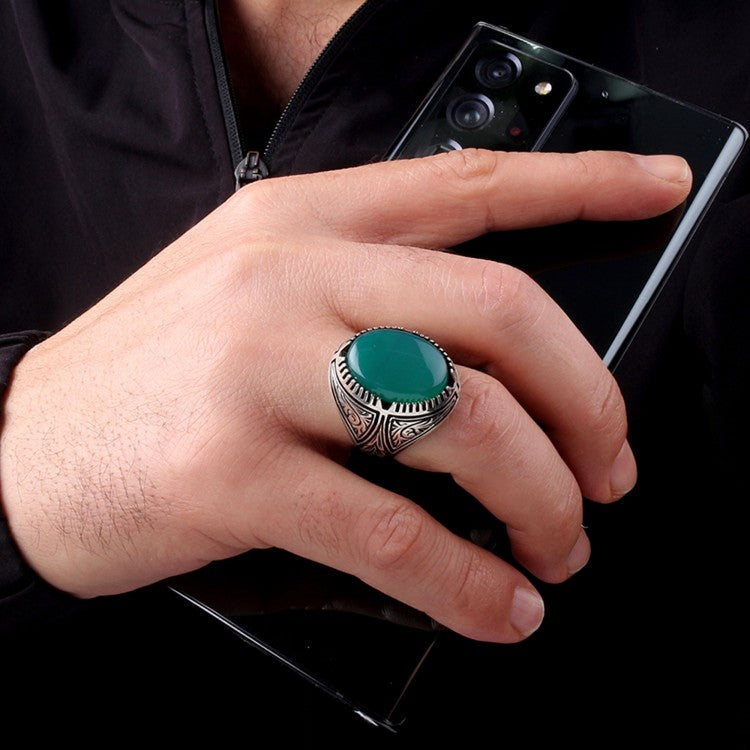 Green Agate Stone Silver Men Ring