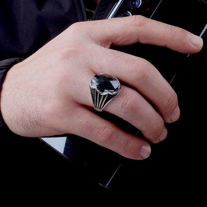 Black Zircon Stone Men's Silver Ring