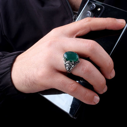 Yeşil Akik Taşlı 925 Ayar Gümüş Aslan Erkek Yüzük