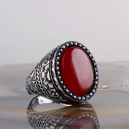 Oval Akik Taşlı 925 Ayar Gümüş Erkek Yüzük