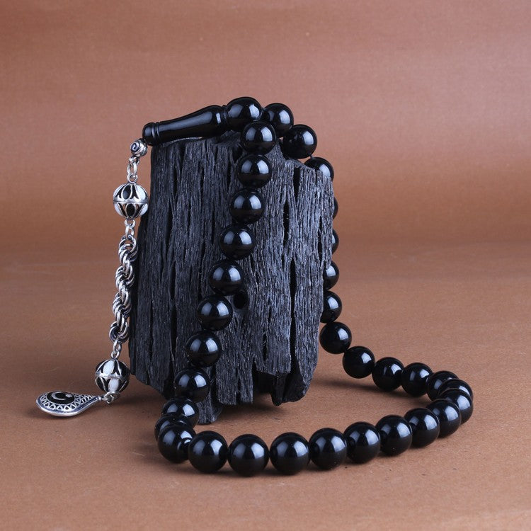 Black-White Fire Amber Prayer Beads & Crescent-Star Bracelet Set