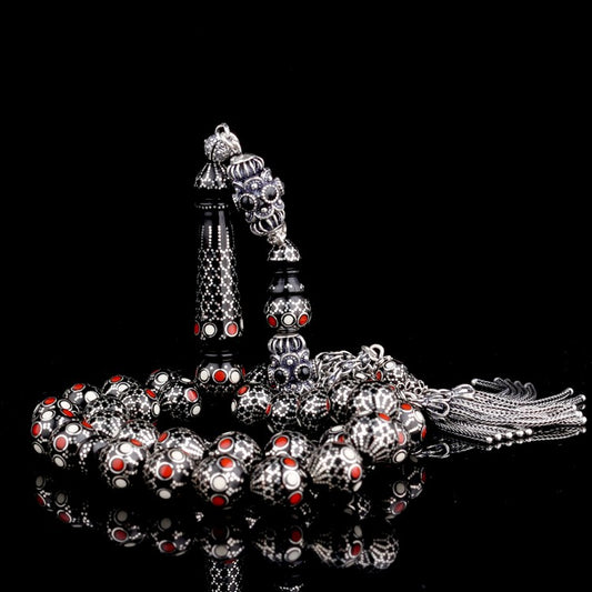 Mastercrafted 10 mm Kuka Prayer Beads with Red-White Enamel & Silver Inlay

