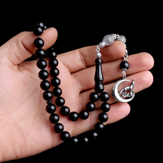 925 Sterling Silver Crescent-Wolf Design Fire Amber Prayer Beads with Tassel