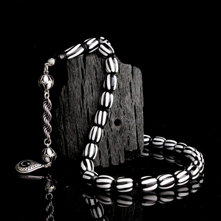 925 Sterling Silver Black & White Beşiktaş Crescent-Star Fire Amber Prayer Beads